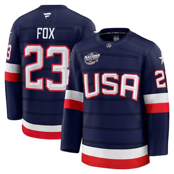 Mens USA #23 Adam Fox Navy 2025 4 Nations Face-Off Stitched Jersey Dzhi